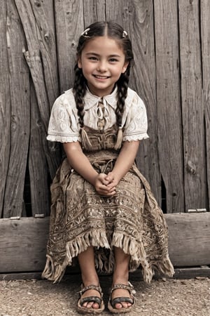 Full body view.A sepia-toned close-up captures the confident gaze of a young Native American girl from 1890, her excited face blushing as she directly addresses the viewer. Warm setting sun glow softly illuminates her features, highlighting intricate patterns and beads on her braids. Traditional clothing details are meticulously rendered, from the fringe to the leather straps. In the background, a textured village scene unfolds, showcasing daily life amidst the bustling activity. The girl sits confidently, legs open, as if about to rise and join the vibrant community. Her determined expression conveys a sense of pride and purpose.