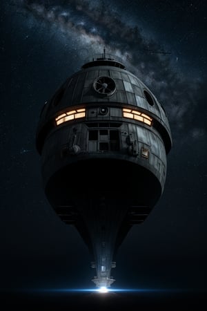 A majestic Star Wars spaceship, the Millennium Falcon, soars through a starry galaxy night. Framed against a deep blue sky with vibrant stars and a bright crescent moon, the ship's intricate details gleam in hyper-realistic 8K HDR. The rusty hull, adorned with metallic panels and engines, seems to radiate warmth under subtle lighting, while the cockpit's transparent dome glows softly, as if lit from within.