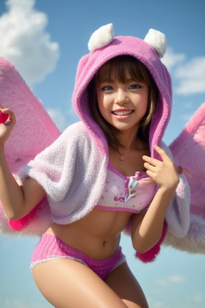 A kemono girl with a whimsical design! The scene is set in a pastel-colored, star-studded fancy candy shop. The subject, with a fanged smile and button nose, stands amidst swirling clouds of sugar and spice. Her fluffy fur-covered body, adorned with a heart-shaped face, sports large bat wings that seem to sprout from her back like a majestic cloak. Her paw-like hands and feet grasp oversized hoodie strings, which feature wing holes, adding an extra layer of whimsy. Thigh-high socks and sparkly effects complete the digital art style. The kemono girl's big expressive eyes, with star-shaped pupils, shine bright as she gazes out at the viewer, her blush cheeks and chibi proportions making her appear even more endearing.