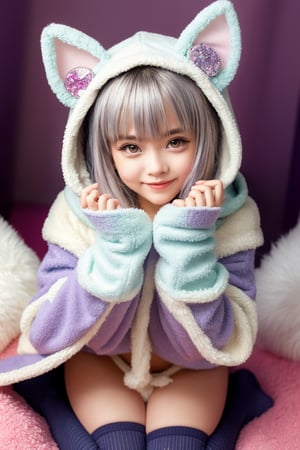 A kemono girl with a whimsical design! The scene is set in a pastel-colored, star-studded fancy candy shop. The subject, with a fanged smile and button nose, stands amidst swirling clouds of sugar and spice. Her fluffy fur-covered body, adorned with a heart-shaped face, sports large bat wings that seem to sprout from her back like a majestic cloak. Her paw-like hands and feet grasp oversized hoodie strings, which feature wing holes, adding an extra layer of whimsy. Thigh-high socks and sparkly effects complete the digital art style. The kemono girl's big expressive eyes, with star-shaped pupils, shine bright as she gazes out at the viewer, her blush cheeks and chibi proportions making her appear even more endearing.