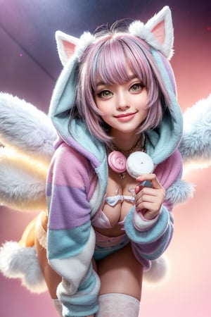 A kemono girl with a whimsical design! The scene is set in a pastel-colored, star-studded fancy candy shop. The subject, with a fanged smile and button nose, stands amidst swirling clouds of sugar and spice. Her fluffy fur-covered body, adorned with a heart-shaped face, sports large bat wings that seem to sprout from her back like a majestic cloak. Her paw-like hands and feet grasp oversized hoodie strings, which feature wing holes, adding an extra layer of whimsy. Thigh-high socks and sparkly effects complete the digital art style. The kemono girl's big expressive eyes, with star-shaped pupils, shine bright as she gazes out at the viewer, her blush cheeks and chibi proportions making her appear even more endearing.