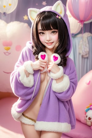 A kemono girl with a whimsical design! The scene is set in a pastel-colored, star-studded fancy candy shop. The subject, with a fanged smile and button nose, stands amidst swirling clouds of sugar and spice. Her fluffy fur-covered body, adorned with a heart-shaped face, sports large bat wings that seem to sprout from her back like a majestic cloak. Her paw-like hands and feet grasp oversized hoodie strings, which feature wing holes, adding an extra layer of whimsy. Thigh-high socks and sparkly effects complete the digital art style. The kemono girl's big expressive eyes, with star-shaped pupils, shine bright as she gazes out at the viewer, her blush cheeks and chibi proportions making her appear even more endearing.