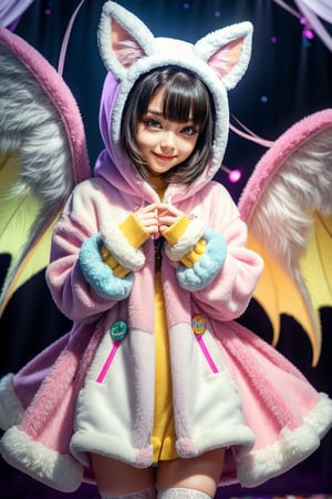 A kemono girl with a whimsical design! The scene is set in a pastel-colored, star-studded fancy candy shop. The subject, with a fanged smile and button nose, stands amidst swirling clouds of sugar and spice. Her fluffy fur-covered body, adorned with a heart-shaped face, sports large bat wings that seem to sprout from her back like a majestic cloak. Her paw-like hands and feet grasp oversized hoodie strings, which feature wing holes, adding an extra layer of whimsy. Thigh-high socks and sparkly effects complete the digital art style. The kemono girl's big expressive eyes, with star-shaped pupils, shine bright as she gazes out at the viewer, her blush cheeks and chibi proportions making her appear even more endearing.