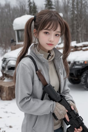 A dal-6 inspired masterpiece featuring a solo woman with brown hair in twin tails and warm brown eyes, smiling directly at the viewer. She wears gloves, long sleeves, and a jacket while holding a weapon - a rifle or cannon - on a rugged truck with camouflaged tank-like design. The background is a light gray uniform 8K wallpaper, showcasing exquisite texture down to the smallest detail. Perfect focus highlights her deformed features, set against a simple yet powerful composition.