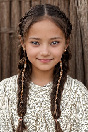 Sepia-toned 8K HDR close-up captures a radiant young Native American girl from 1890, bathed in soft setting sun glow that warms her excited face, blushing as she gazes directly at the viewer. Intricate patterns and beads on her braids shimmer in the fading light. Traditional clothing wraps around her slender frame, textured with intricate details. In the background, village life unfolds: daily routines of laughter and activity surround her confident sit, open legs embracing the vibrant bustle of community.