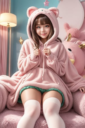 A kemono girl with a whimsical design! The scene is set in a pastel-colored, star-studded fancy candy shop. The subject, with a fanged smile and button nose, stands amidst swirling clouds of sugar and spice. Her fluffy fur-covered body, adorned with a heart-shaped face, sports large bat wings that seem to sprout from her back like a majestic cloak. Her paw-like hands and feet grasp oversized hoodie strings, which feature wing holes, adding an extra layer of whimsy. Thigh-high socks and sparkly effects complete the digital art style. The kemono girl's big expressive eyes, with star-shaped pupils, shine bright as she gazes out at the viewer, her blush cheeks and chibi proportions making her appear even more endearing.