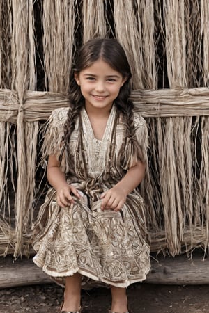 Full body view.A sepia-toned close-up captures the confident gaze of a young Native American girl from 1890, her excited face blushing as she directly addresses the viewer. Warm setting sun glow softly illuminates her features, highlighting intricate patterns and beads on her braids. Traditional clothing details are meticulously rendered, from the fringe to the leather straps. In the background, a textured village scene unfolds, showcasing daily life amidst the bustling activity. The girl sits confidently, legs open, as if about to rise and join the vibrant community. Her determined expression conveys a sense of pride and purpose.