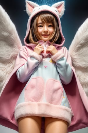 A kemono girl with a whimsical design! The scene is set in a pastel-colored, star-studded fancy candy shop. The subject, with a fanged smile and button nose, stands amidst swirling clouds of sugar and spice. Her fluffy fur-covered body, adorned with a heart-shaped face, sports large bat wings that seem to sprout from her back like a majestic cloak. Her paw-like hands and feet grasp oversized hoodie strings, which feature wing holes, adding an extra layer of whimsy. Thigh-high socks and sparkly effects complete the digital art style. The kemono girl's big expressive eyes, with star-shaped pupils, shine bright as she gazes out at the viewer, her blush cheeks and chibi proportions making her appear even more endearing.