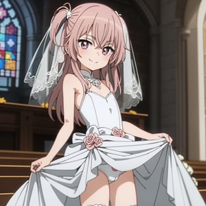 (2000s style, anime screencap, cel shading, clean brush stroke, highly detailed, perfect anatomy, high-definition picture), church background, 1girl (solo female:1.5), ((bride's veil)), toddler girl, preschooler, infant, age down, immature body (flat chest:1.5), half open eyes, smile, skinny arms, (((Wedding dress))), bouquets toss, small ass, diaper, ,inui sajuna juju,pink hair, pink eyes, long hair, two side up, 