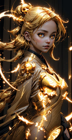 1girl,average_breasts,quality,gold dress,golden hair, orange eyes, golden effect,golden aura,golden power