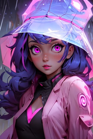 1girl,cute face,magenta_hair,glow_eyes,pink_eyes,transparent_raincoat, full_body