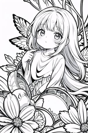 A whimsical forest fairy with delicate wings, surrounded by a colorful array of flowers and a playful little bird perched on her finger. black and white, line art, white background
(masterpiece, best quality, super detailed, high quality, resolution, highly detailed, textured skin), AGE REGRESSION, oversized clothes, cuteloli, CHILD,line anime,LINEART