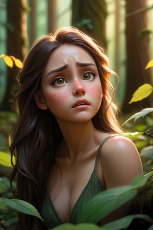 "Envision a poignant scene where a lone girl stands, tears streaming down her cheeks, as she is enveloped by a forest of trees and a cascade of leaves. This imagery holds a profound narrative, encapsulating emotions and stories that blend seamlessly with the natural world. Describe this evocative moment, where nature's embrace mirrors the depths of human experience."