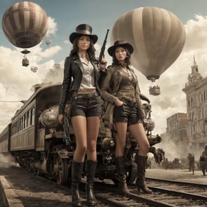 multiple girls, hat, weapon, multiple boys, scenery, science fiction, 6+boys, top hat, city, US Flag aircraft, train, [nsfw], ultrarealistic, antiquated, gears, dirigibles, battle_hot_air_balloon, (sepia:0.24), 