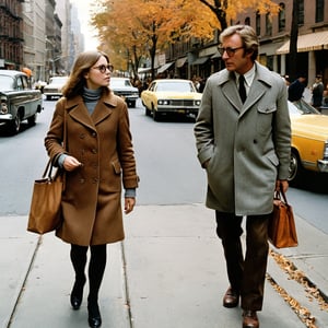 35mm film photo of two urbanites in (1970s) New York, man with woman,1977, man with glasses (hailing a cab) while woman waits on curb on a busy tree-lined street, autumn, classic film, [directed by Martin Scorsese], (directed by Woody Allen), directed by Wes Anderson, (film grain), reel-to-reel, highly detailed, neurotic appearance, [drab] fashion inspired by the outfits of Mia Farrow and Diane Keaton and Tina Chow and Annie Hall \(1977\) and (Christopher Walken:0.3) and [Robert Redford] and [Billy Crystal] and [Robert De Niro], (iconic and classic),award-winning movie still, f4.0, earth tones, detailed faces, tweed, plaid, Perfect Hands, (soft muted tones), vintage photograph,[VintageMagStyle]