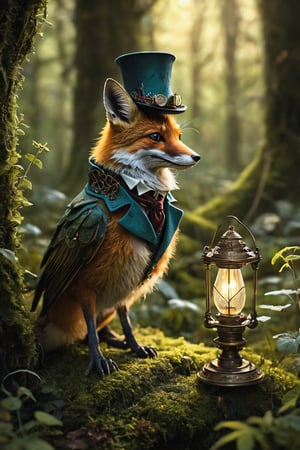 (Masterpiece, ultra-detailed, award-winning digital art), a surreal encounter between a steampunk fox and a clockwork hummingbird in a mystical, overgrown forest glade, (volumetric lighting:1.2), (rich, jewel-toned colors:1.1), (enchanting and ethereal atmosphere:1.3). The fox, adorned in a tattered Victorian waistcoat and top hat, holds a glowing, crystal-powered lantern, casting intricate shadows across the moss-covered ground. The hummingbird, its wings composed of delicate gears and springs, hovers near the fox's head, as if engaging in a secret conversation. Bioluminescent mushrooms and fireflies scattered throughout the scene add an otherworldly glow to the dense foliage and ancient, twisted trees. (Cinematic composition, shallow depth of field, HDR, 8K), (inspired by the whimsical and surreal styles of Brian Froud and Yoshitaka Amano:1.2), 
