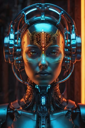 (Masterpiece, ultra-detailed, award-winning photography), a mesmerizing portrait of an AI-generated android, (rembrandt lighting:1.3), (vibrant cyberpunk color palette:1.2), (thought-provoking and enigmatic atmosphere:1.4). The android's face is a complex amalgamation of organic and synthetic elements, with sleek, chrome plating seamlessly blending into realistic, human-like skin. Its eyes, one a glowing, neon blue and the other a deep, soulful brown, gaze directly at the viewer, as if questioning the nature of its own existence. Intricate circuitry and pulsating fiber optic strands are visible beneath the android's translucent, iridescent skin, hinting at the advanced technology that gives it life. (Close-up portrait, shallow depth of field, HDR, 8K), (inspired by the works of Alejandro Jodorowsky and Ilya Kuvshinov:1.2),Cyberpunk