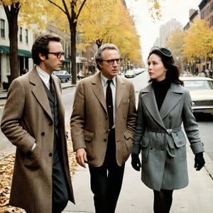 faded 35mm film photo of two urbanites in (1970s) New York, slightly disheveled intellectual man with woman,1977, man with glasses arguing and pontificating and gesticulating while walking with woman on a busy tree-lined street, autumn, classic film, directed by Woody Allen and [Martin Scorsese] and Wes Anderson, , (film grain), reel-to-reel, [neurotic appearance], [drab] fashion inspired by the outfits of [Mia Farrow] and Diane Keaton and Tina Chow and Annie Hall \(1977\) and (Christopher Walken:0.3) and [Billy Crystal] and [[Robert De Niro]] BREAK (iconic and classic),1976, 1978, award-winning movie still, f4.0, earth tones, detailed faces, tweed, plaid, skin texture, film grain, Kodak 800, Perfect Hands, (soft muted tones), vintage photograph,[VintageMagStyle], [sexual tension], retro, A40 rangefinder