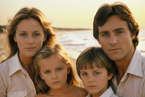 family photo on the beach in 1975, New England, golden hour, 4 people, perfect faces, detailed faces, (perfect_eyes), (ugly:0.1), (beautiful:0.2), beautiful eyes, nuclear family, sharp focus, film grain