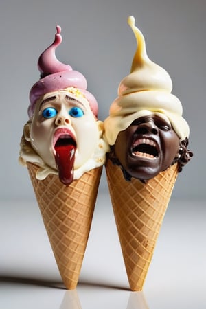 detailed photograph of ice cream cones with human faces eating each other; surreal, melting, ultrarealistic, realism