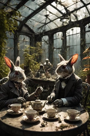 (Masterpiece, ultra-detailed, award-winning digital art), a post-apocalyptic tea party in a forgotten, overgrown Victorian greenhouse, (dramatic rim lighting:1.3), (muted, earthy colors with pops of neon:1.2), (eerie and unsettling atmosphere:1.4). Seated around a dilapidated, moss-covered table are a group of anthropomorphic animal characters, each adorned in tattered steampunk attire. A robotic mad hatter rabbit pours a glowing, radioactive liquid into cracked teacups, while a cyborg dormouse tinkers with a rusted pocket watch. A mutated Cheshire cat grins menacingly from atop a pile of shattered china, its luminescent eyes piercing through the hazy, dust-filled air. Towering above the scene, the remnants of the greenhouse's glass ceiling cast intricate, spiderweb-like shadows across the overgrown foliage and decaying Victorian architecture. (Cinematic composition, shallow depth of field, HDR, 8K), (inspired by the dark and surreal styles of Tim Burton and Neil Gaiman:1.3), 

