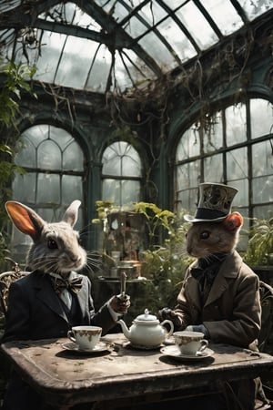 (Masterpiece, ultra-detailed, award-winning digital art), a post-apocalyptic tea party in a forgotten, overgrown Victorian greenhouse, (dramatic rim lighting:1.3), (muted, earthy colors with pops of neon:1.2), (eerie and unsettling atmosphere:1.4). Seated around a dilapidated, moss-covered table are a group of anthropomorphic animal characters, each adorned in tattered steampunk attire. A robotic mad hatter rabbit pours a glowing, radioactive liquid into cracked teacups, while a cyborg dormouse tinkers with a rusted pocket watch. A mutated Cheshire cat grins menacingly from atop a pile of shattered china, its luminescent eyes piercing through the hazy, dust-filled air. Towering above the scene, the remnants of the greenhouse's glass ceiling cast intricate, spiderweb-like shadows across the overgrown foliage and decaying Victorian architecture. (Cinematic composition, shallow depth of field, HDR, 8K), (inspired by the dark and surreal styles of Tim Burton and Neil Gaiman:1.3), 

