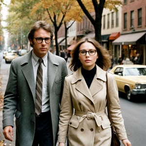 Analog photo of two New Yorkers in (1970s) New York, man with woman,1977, walking quickly down a busy tree-lined street and talking and conversing, autumn, classic film, [directed by Martin Scorsese], (directed by Woody Allen), directed by Wes Anderson, [retro-futurism], film grain, reel-to-reel cinematography, highly detailed elements, neurotic appearance, drab fashion inspired by Mia Farrow and Tina Chow and Annie Hall, (iconic and classic), jazz music soundtrack, glasses, expertly framed shot, award-winning movie still, f5.6, earth tones, detailed faces
