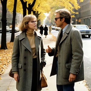 35mm film photo of two urbanites in (1970s) New York, man with woman,1977, man with glasses arguing and pontificating and gesticulating while walking with woman on a busy tree-lined street, autumn, classic film, [directed by Martin Scorsese], (directed by Woody Allen), directed by Wes Anderson, (film grain), reel-to-reel, highly detailed, neurotic appearance, [drab] fashion inspired by the outfits of Mia Farrow and Diane Keaton and Tina Chow and Annie Hall \(1977\) and (Christopher Walken:0.3) and [Robert Redford] and [Billy Crystal] and [Robert De Niro], (iconic and classic),1976, 1978, award-winning movie still, f4.0, earth tones, detailed faces, tweed, plaid, Perfect Hands, (soft muted tones), vintage photograph,[VintageMagStyle]