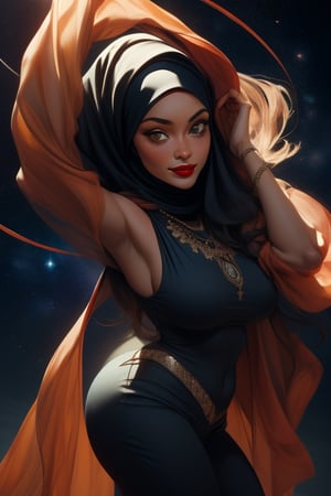 masterpiece, best quality, oil painting style, frank frazetta style, tanned skin, curvy body type, mango body type middle eastern woman wearing a hijab,dark clothes and lots of expensive jewelry, full lipb, vibrant red lipstick, dynamic pose, dramatic lighting , charming smile,scifi, space opera