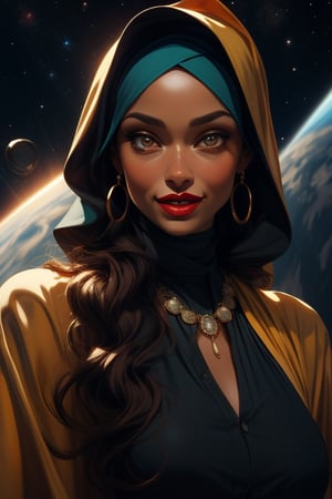 masterpiece, best quality, oil painting style, frank frazetta style, tanned skin, curvy, mango body type middle eastern woman wearing a hijab,dark clothes and lots of expensive jewelry, full lipb, vibrant red lipstick, dynamic pose, dramatic lighting , charming smile,scifi, space opera