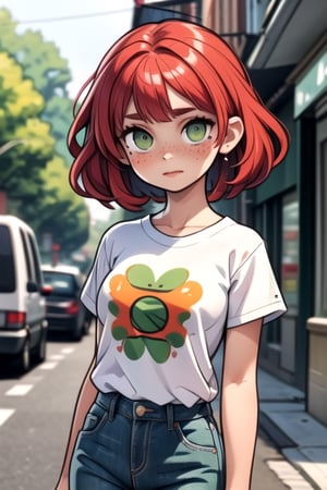 a 16 years old, irish girl, (((16yo))), (((bautiful))), ((lolicon)), beatiful,1girl,  girl, a 16 yeras old Teen Girl, Thin, short, medium breasts, mole next to the left nipple, (((red hair))), (((green eyes))), freckles on the nose. clear skin. Shy, introverted, lover of nature and animals. Dress in a natural and comfortable style, with t-shirts with nature prints, jeans, street, blurry background (totale dark background),
