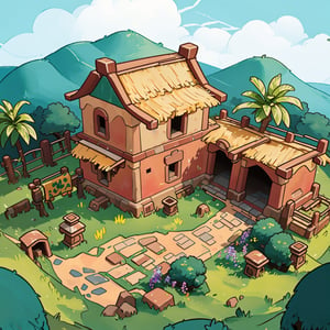 masterpiece,(best quality:1.3),beautiful lightning, vibrant colour, ((isometric view)), grass land, corral, old mexican hacienda, old mexican hacienda, crude watercolour painting,  big brushstrokes, 6 colours, cartoon, Isometric_Setting, house cover, 欧美卡通,Isometric_Setting