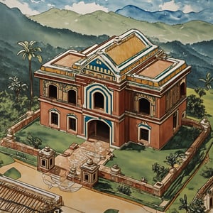 masterpiece,(best quality:1.3),beautiful lightning, vibrant colour, ((isometric view)), grass land, mansion, old Spanish hacienda, old mexican hacienda, crude watercolour painting,  big brushstrokes, 6 colours, cartoon, Isometric_Setting, house cover, 欧美卡通,Isometric_Setting