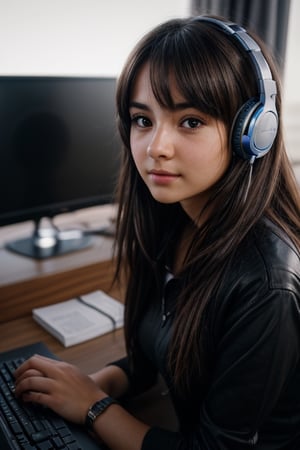latin girl, Maria Rodriguez, short, brunette, busty, (((a shy))), insecure, 15-year-old technology enthusiast who finds solace in Lily after witnessing the crime. little_cute_girl, 1girl, sitting at her desk operating a gamer pc, headphone, (totale dark background), 1girl, masterpiece, best quality, high resolution, 8K, HDR, bloom, raytracing, detailed shadows, bokeh, depth of field, film photography, film grain, glare, (wind:0.8), detailed hair, beautiful face, beautiful girl, ultra detailed eyes, cinematic lighting, (hyperdetailed:1.15), , little_cute_girl,
