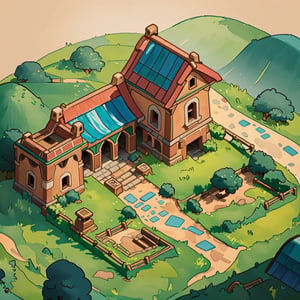 masterpiece,(best quality:1.3),beautiful lightning, vibrant colour, ((isometric view)), grass land, stable, old mexican hacienda, crude watercolour painting,  big brushstrokes, 6 colours, cartoon, Isometric_Setting, house cover, 欧美卡通,Isometric_Setting