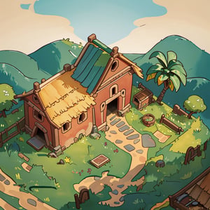 masterpiece,(best quality:1.3),beautiful lightning, vibrant colour, ((isometric view)), grass land, barn, old mexican hacienda, old mexican hacienda, crude watercolour painting,  big brushstrokes, 6 colours, cartoon, Isometric_Setting, house cover, 欧美卡通,Isometric_Setting