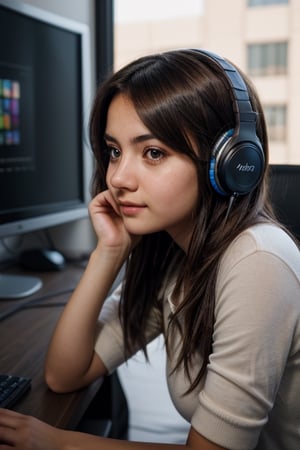 latin girl, Maria Rodriguez, short, (((brunette))), busty, (((a shy))), insecure, 15-year-old technology enthusiast who finds solace in Lily after witnessing the crime. little_cute_girl, 1girl, sitting at her desk operating a gamer pc, headphone, (totale dark background), 1girl, masterpiece, best quality, high resolution, 8K, HDR, bloom, raytracing, detailed shadows, bokeh, depth of field, film photography, film grain, glare, (wind:0.8), detailed hair, beautiful face, beautiful girl, ultra detailed eyes, cinematic lighting, (hyperdetailed:1.15), , little_cute_girl,