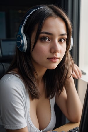 latin girl, Maria Rodriguez, short, (((brunette))), busty, (((a shy))), insecure, 15-year-old technology enthusiast who finds solace in Lily after witnessing the crime. little_cute_girl, 1girl, sitting at her desk operating a gamer pc, headphone, (totale dark background), 1girl, masterpiece, best quality, high resolution, 8K, HDR, bloom, raytracing, detailed shadows, bokeh, depth of field, film photography, film grain, glare, (wind:0.8), detailed hair, beautiful face, beautiful girl, ultra detailed eyes, cinematic lighting, (hyperdetailed:1.15), , little_cute_girl,sagging breasts