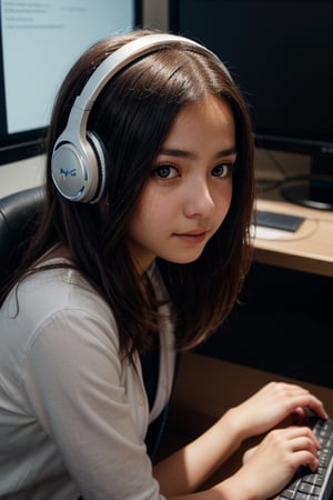 Maria Rodriguez, short, brunette, busty, (((a shy))), insecure, 15-year-old technology enthusiast who finds solace in Lily after witnessing the crime. little_cute_girl, 1girl, sitting at her desk operating a gamer pc, cat headphones, (totale dark background), 1girl, masterpiece, best quality, high resolution, 8K, HDR, bloom, raytracing, detailed shadows, bokeh, depth of field, film photography, film grain, glare, (wind:0.8), detailed hair, beautiful face, beautiful girl, ultra detailed eyes, cinematic lighting, (hyperdetailed:1.15), , little_cute_girl,