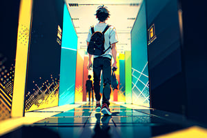 A boy walkingstanding infront of a post apoclyptic world, colorful, vibrant, aesthetic