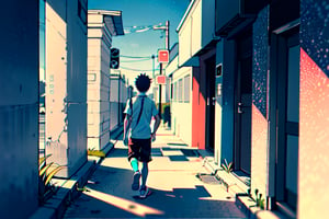 A boy walkingstanding infront of a post apoclyptic world, colorful, vibrant, aesthetic