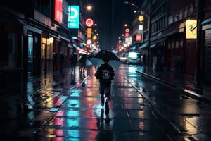 Boy walking in street, it's raining, cyberpunk theme