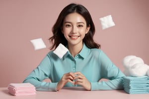 xxmix_girl,sanitary napkin commercials,smile,polaroid,film, graininess,smile,hand put on the table,pure color background, cotton clouds,3d style,3d toon style