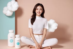 xxmix_girl,sanitary napkin commercials,smile,polaroid,film, white yoga clothes,graininess,smile,hand put on the table,pure color background, cotton clouds,3d style,3d toon style