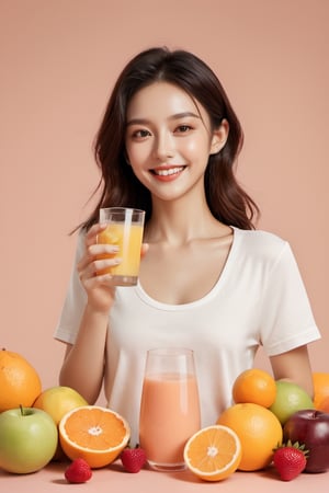 xxmix_girl,fruit drinks commercials,smile,polaroid,film, white yoga clothes,graininess,smile,hand put on the table,pure color background, cotton clouds,3d style,3d toon style