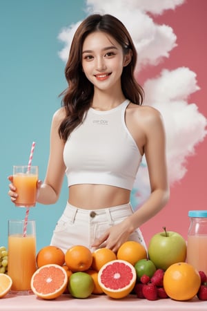 xxmix_girl,fruit drinks commercials,smile,polaroid,film, white yoga clothes,graininess,smile,hand put on the table,pure color background, cotton clouds,3d style,3d toon style