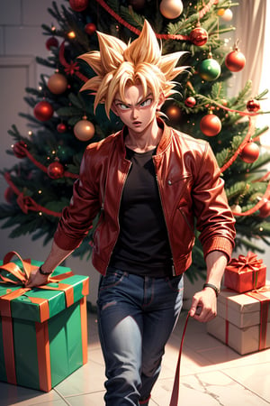 Goku, extremely detailed, Christmas decoration, wearing leather jacket, Christmas tree