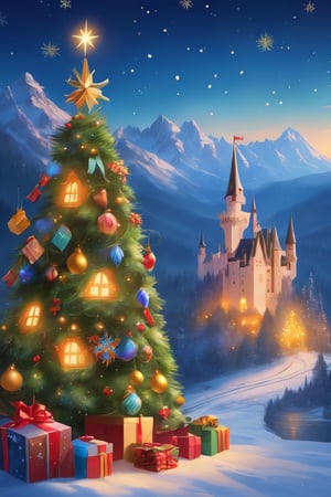 a beautiful castle visible far away, magical Christmas tree, a lot of gifts around it, landscape, mountains, cozy atmosphere, christmas decoration, 