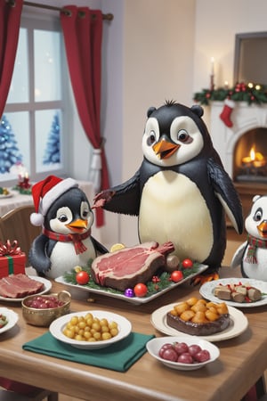 A Penguin and A bear eating meat on a dinner table, Cozy room with Christmas decoration, a lot of gifts in a room