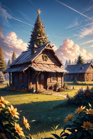 Christmas decoration, (((Christmas tree))), A beautiful small hut, hut's roof covered in a lot of flowers, beautiful clouds, forest, little farm infront of house, vegetable basket near the farm, smoke coming out of chimney, medieval era, fantasy world, Raw photo, depth of field, UHD, retina, masterpiece, super detail, high details, high quality, award winning, best quality, highres, 1080P, HD, 4K, 8k, 16k, cinematic light, (world of the warcraft), (masterpiece, best quality, ultra-detailed, 8K), 